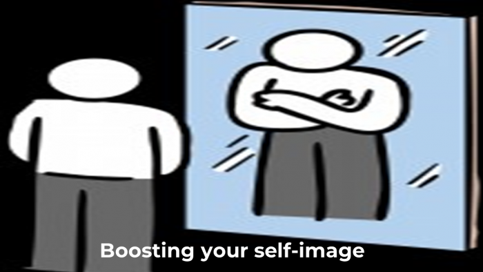 Figure looking at their reflection in the mirror with the title 'Boosting your self-image'